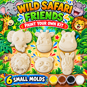 Wild Safari Friends paint-your-own plaster kit with six small safari animal molds and four paint colors