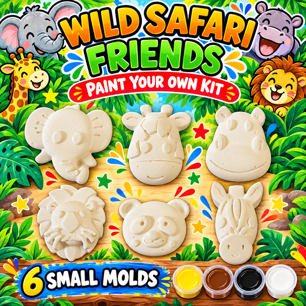 Wild Safari Friends paint-your-own plaster kit with six small safari animal molds and four paint colors