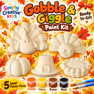 Gobble and Giggle Thanksgiving paint kit with five small plaster pieces, orange, yellow, brown and black paints, and two brushes.
