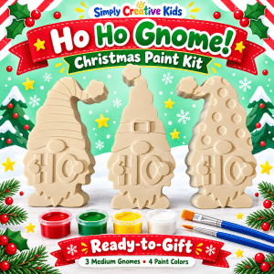 Three medium Christmas gnome plaster pieces with four paint colors and two brushes in the Ho Ho Gnome Ready-to-Gift kit.