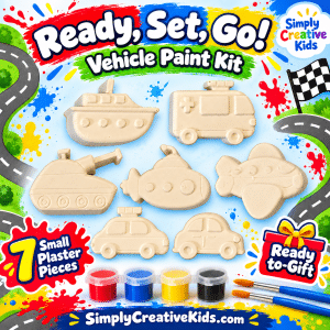 Seven small plaster vehicles with red, blue, yellow, and black paints and two brushes in the Ready, Set, Go! kit