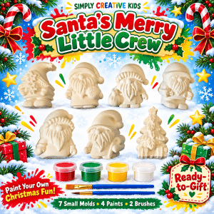 Santa’s Merry Little Crew paint kit with six small Santa plaster molds, one Christmas tree, red green yellow and white paints, and two brushes.