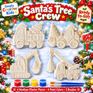 Santa’s Tree Crew kit with four medium Christmas construction vehicle plaster pieces, red green yellow and blue paints, and two brushes.