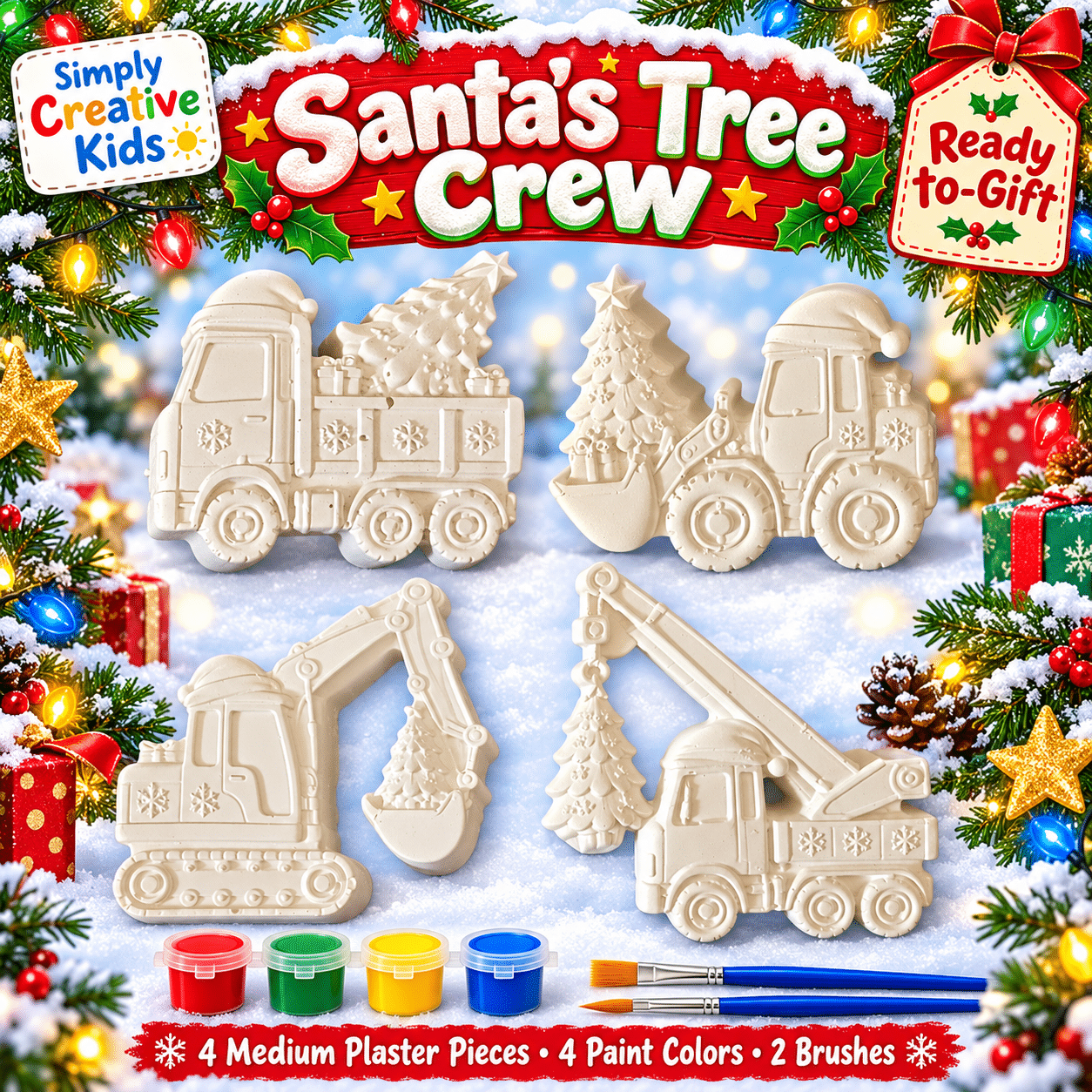 Santa’s Tree Crew kit with four medium Christmas construction vehicle plaster pieces, red green yellow and blue paints, and two brushes.