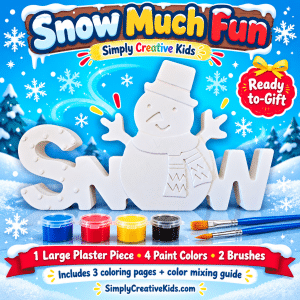 Snow Much Fun plaster paint kit with large SNOW snowman piece, blue, red, yellow and black paints, and two brushes.
